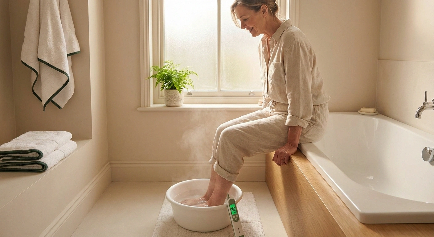 Woman safely soaking feet in warm water bath for neuropathy pain relief with thermometer