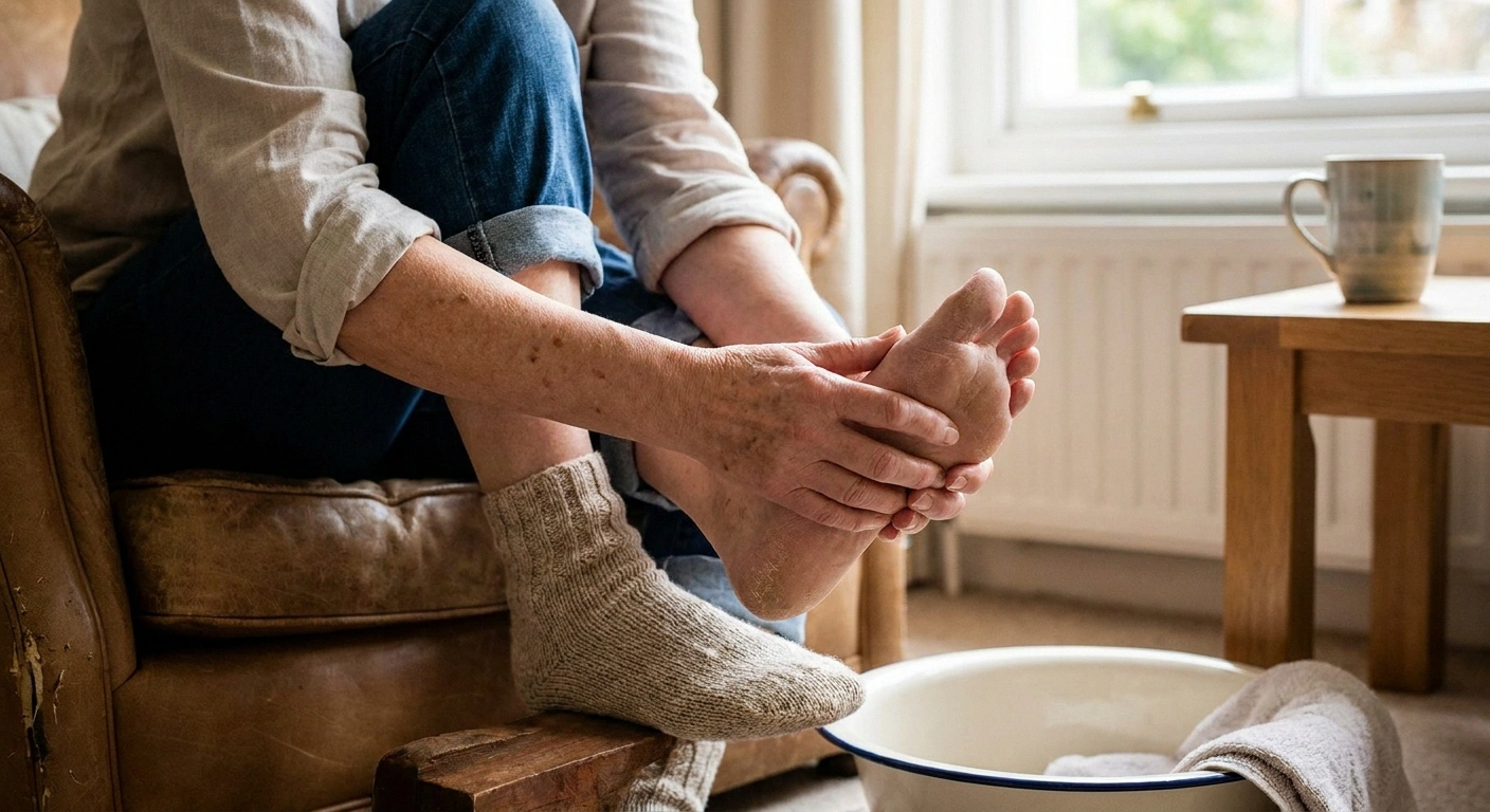 Person inspecting foot after warm water soak to check for neuropathy-related skin changes or redness