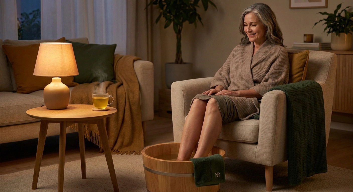 Woman relaxing with neuropathy foot soak as part of evening self-care routine for pain management