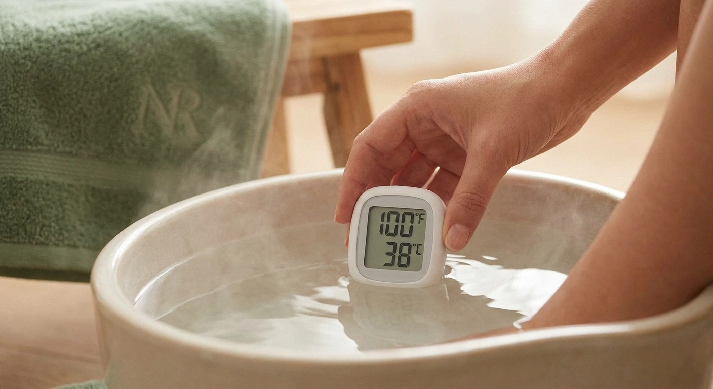 Bath thermometer showing 100 degrees Fahrenheit safe soaking temperature for neuropathy foot bath