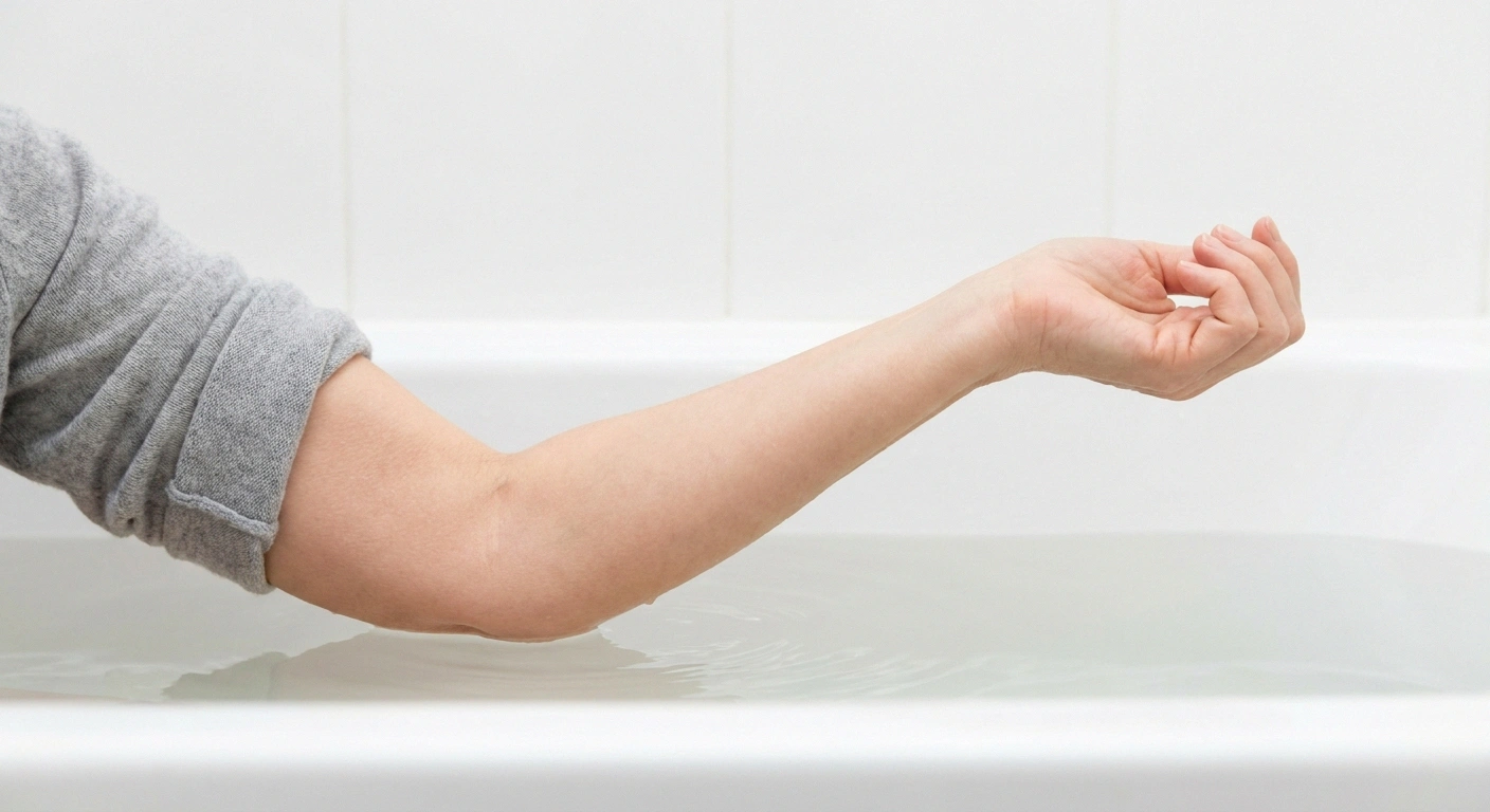 Person testing bath water temperature with elbow — recommended technique for neuropathy patients with reduced foot sensation