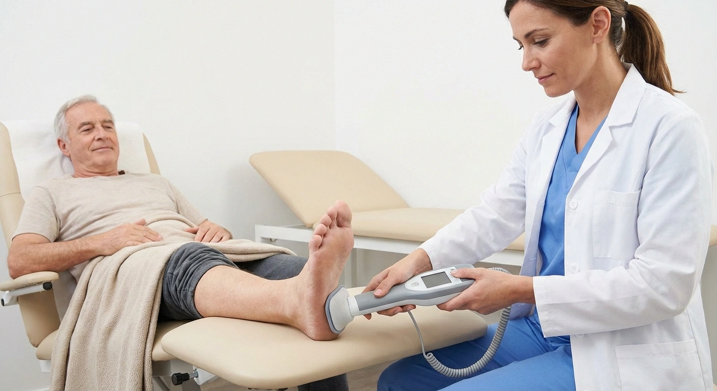 Medical professional applying noninvasive nerve stimulation device for neuropathy treatment
