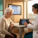 Neurologist showing patient new neuropathy treatment options on tablet in medical consultation