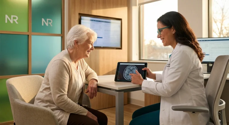 Neurologist showing patient new neuropathy treatment options on tablet in medical consultation