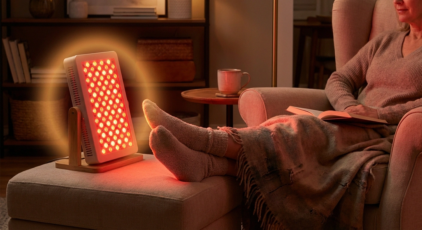 Feet under red light therapy panel representing photobiomodulation treatment for neuropathy pain