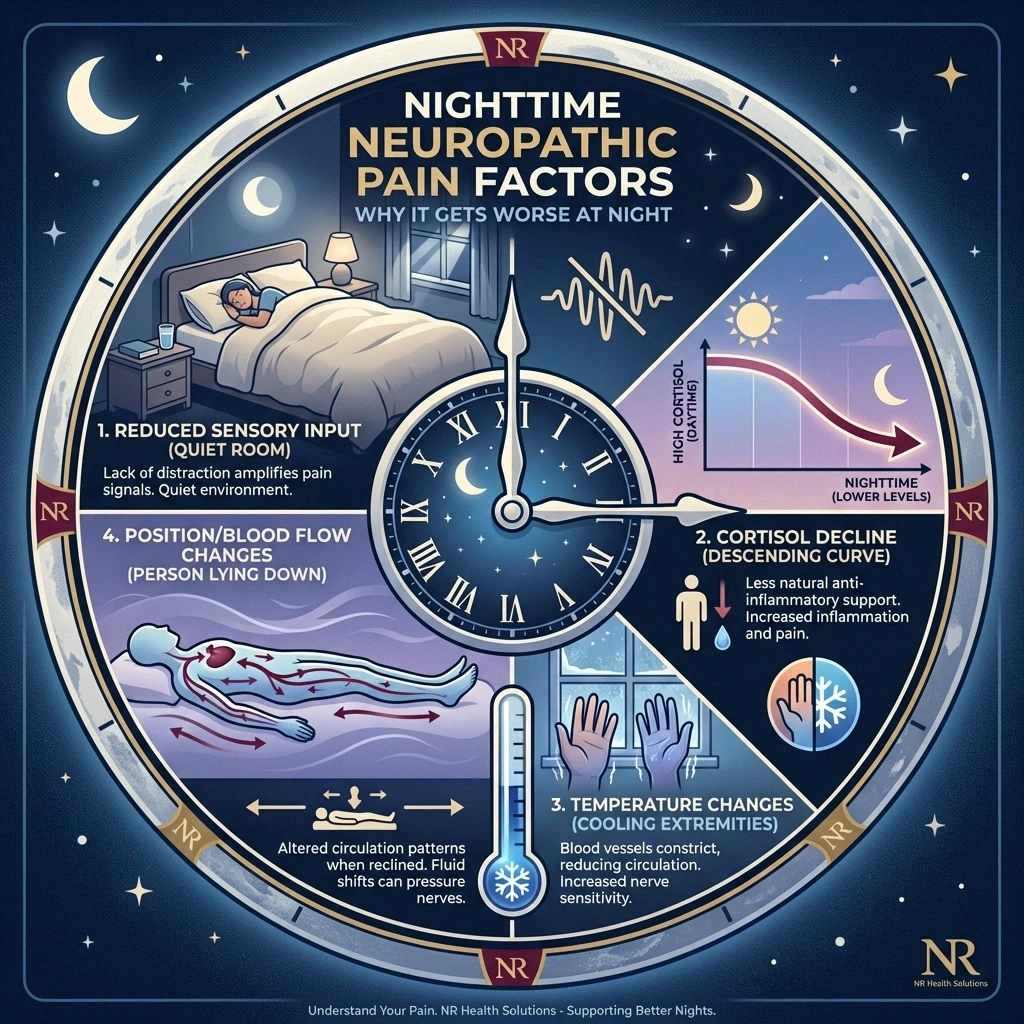Graphic showing four biological reasons why neuropathic pain gets worse at night including reduced sensory input, cortisol decline, temperature changes, and position effects