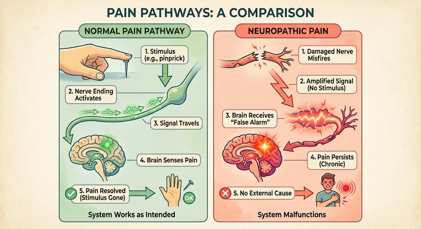 Diagram comparing how normal pain signals follow a clear path from stimulus to brain versus how neuropathic pain involves damaged nerves misfiring and sending false pain signals
