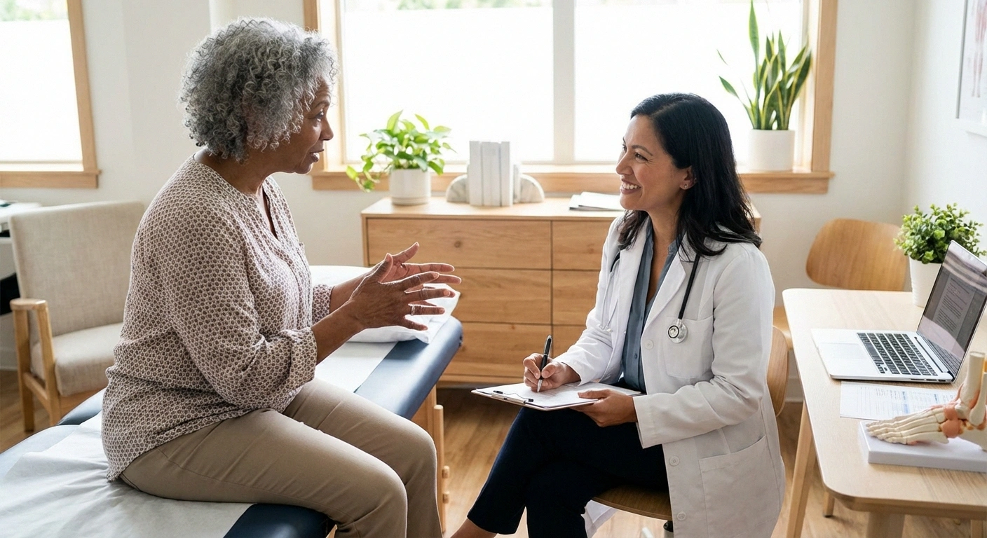 Patient discussing neuropathy symptoms with doctor in medical office representing proactive healthcare communication while on GLP-1 medications