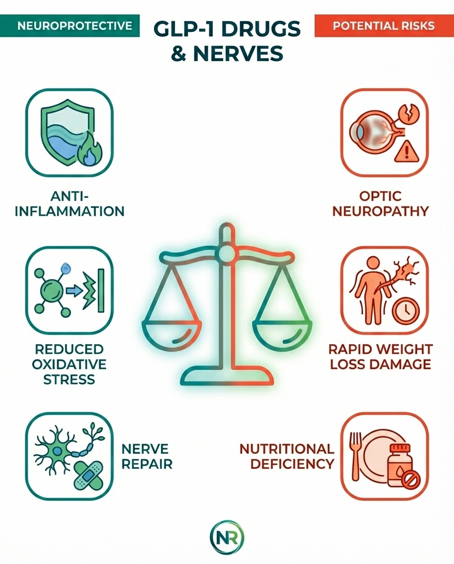 Infographic showing the dual relationship between GLP-1 medications and nerve health with neuroprotective benefits on one side and potential risks on the other