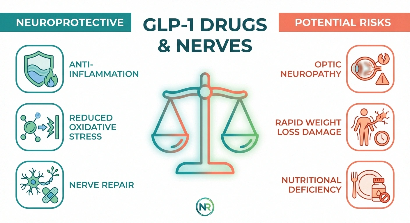 Infographic showing the dual relationship between GLP-1 medications and nerve health with neuroprotective benefits on one side and potential risks on the other