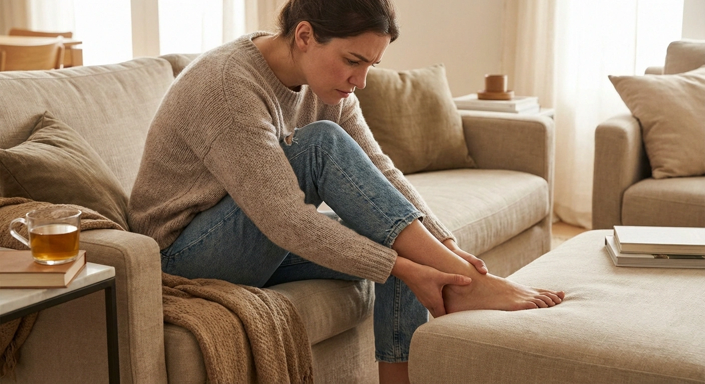Person examining their feet while sitting on a couch representing the Ozempic feet phenomenon and nerve symptom awareness