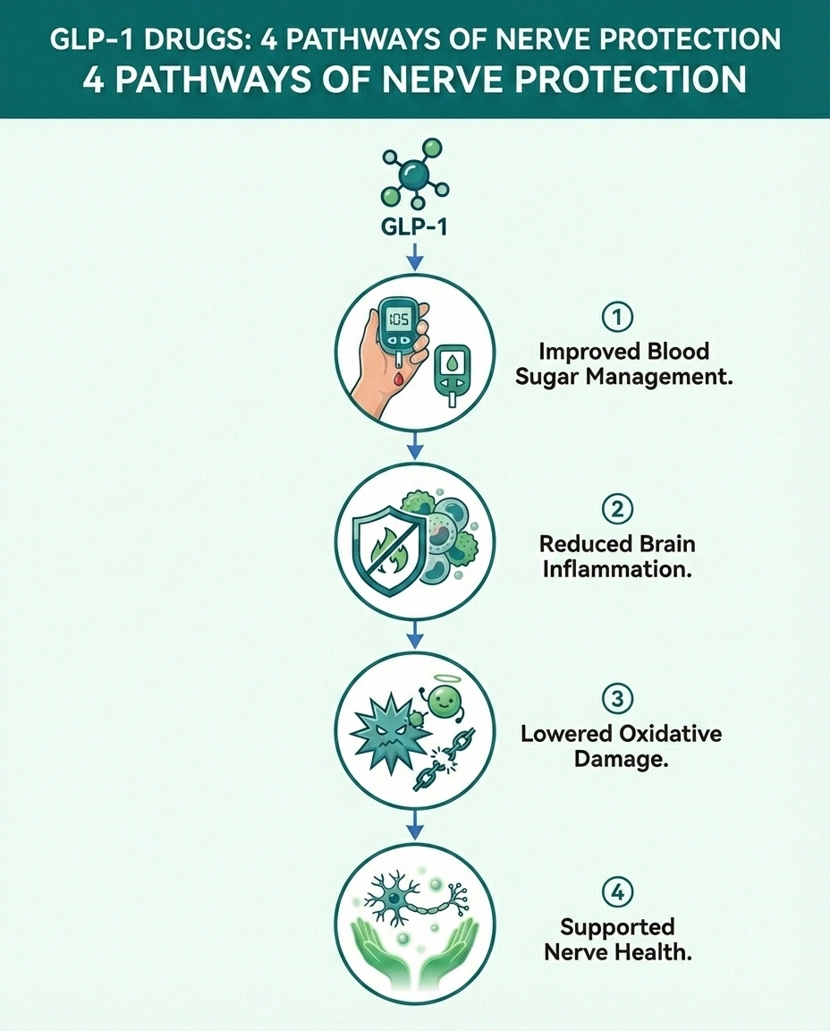 Diagram showing four neuroprotective pathways of GLP-1 medications including blood sugar control anti-inflammatory effects oxidative stress reduction and direct nerve protection