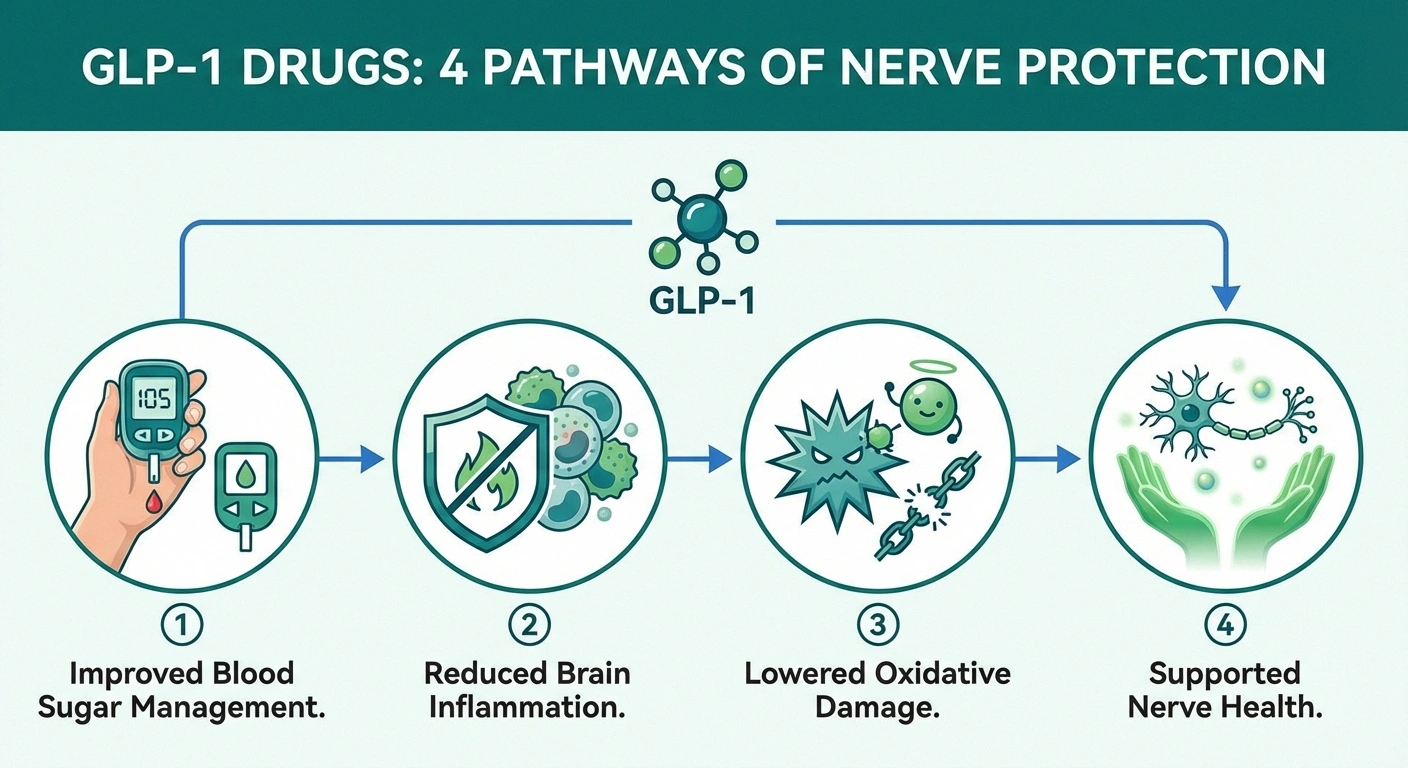 Diagram showing four neuroprotective pathways of GLP-1 medications including blood sugar control anti-inflammatory effects oxidative stress reduction and direct nerve protection