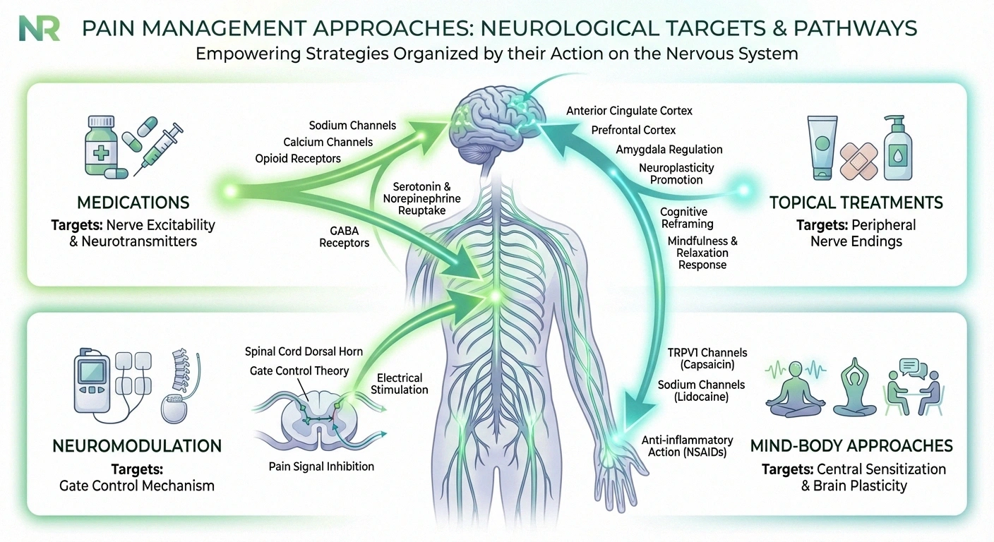 Overview of neuropathic pain management approaches showing how medications, topical treatments, TENS therapy, and mind-body practices each target different parts of the pain pathway