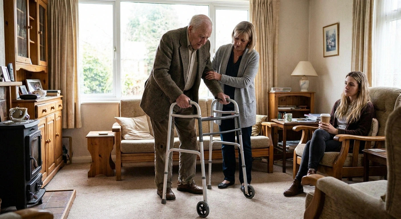Older man with Parkinson's and neuropathy using walking aid for balance support