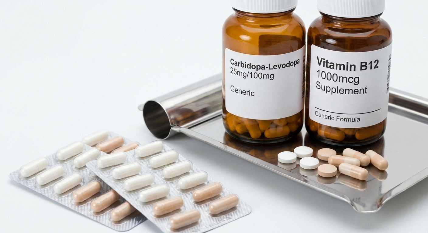 Parkinson's medication levodopa and vitamin B12 supplements side by side