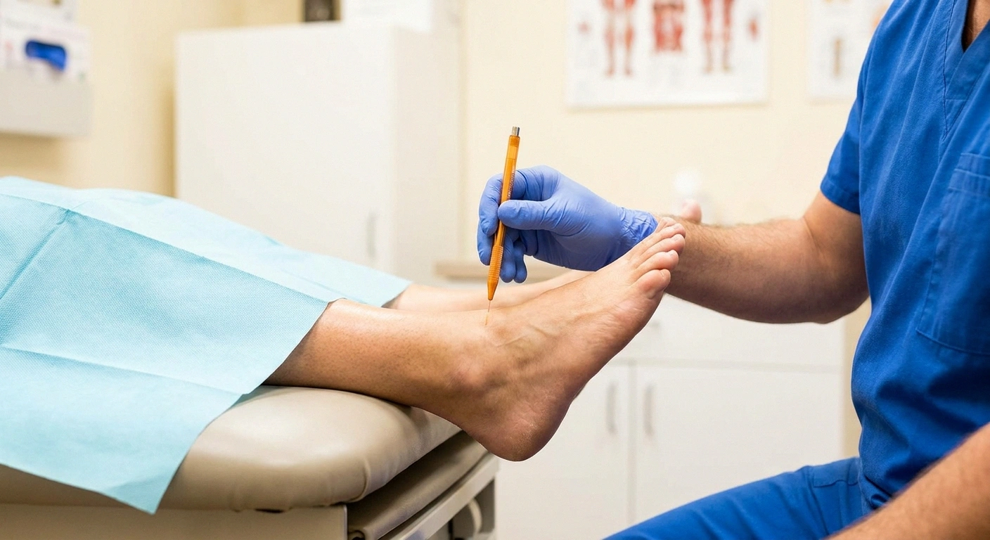 Doctor performing small fiber neuropathy skin sensitivity test on Parkinson's patient