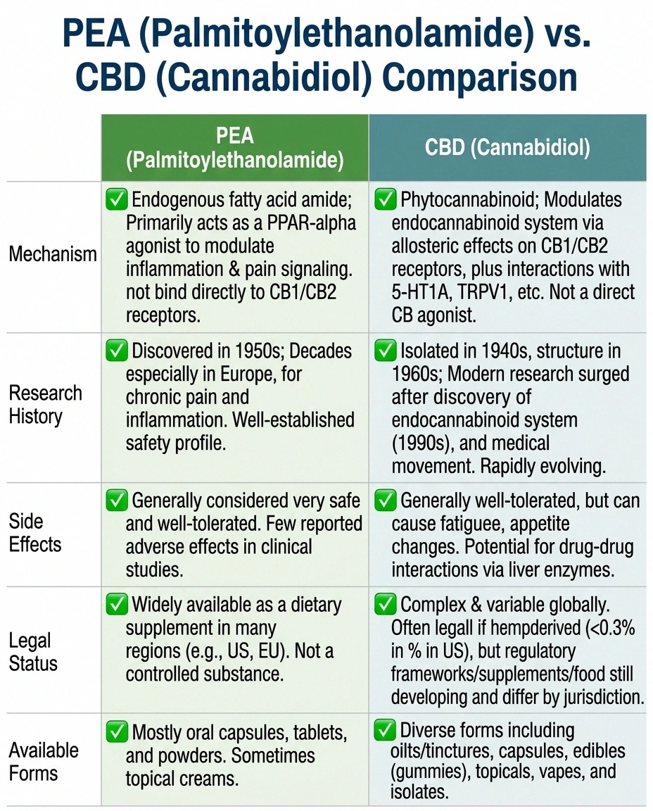 Side-by-side comparison of PEA palmitoylethanolamide versus CBD for neuropathy pain