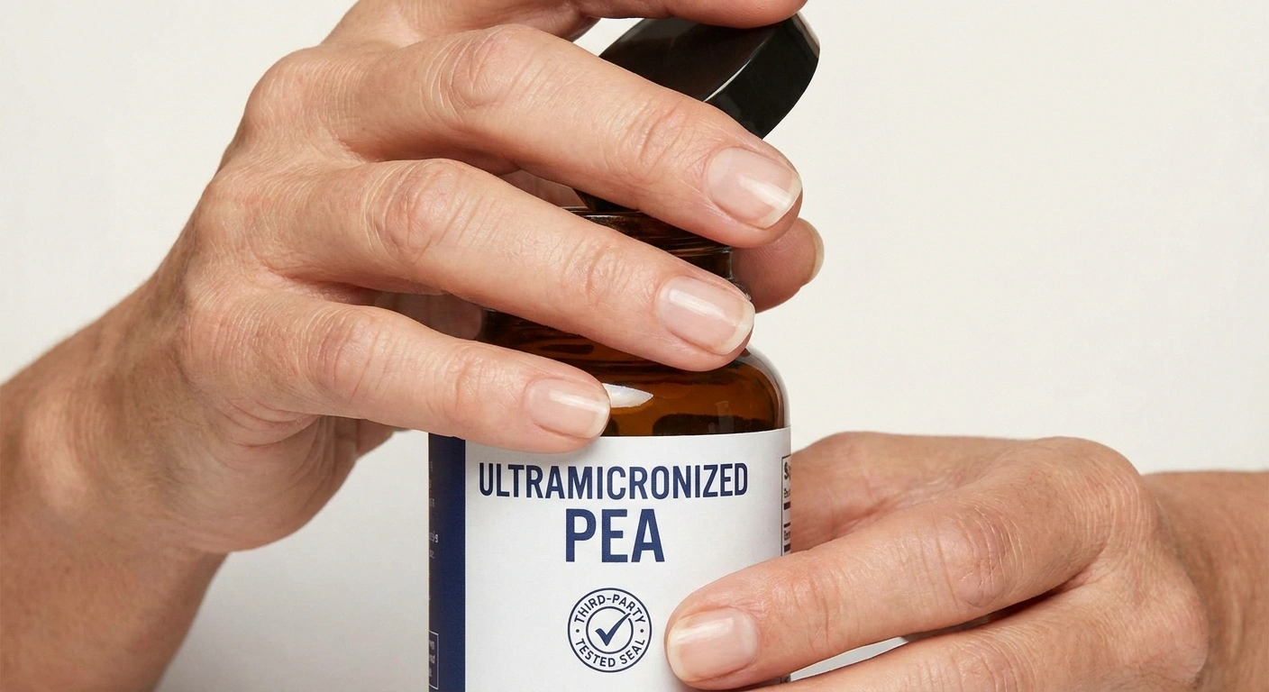Reading ultramicronized PEA supplement label for neuropathy treatment quality check