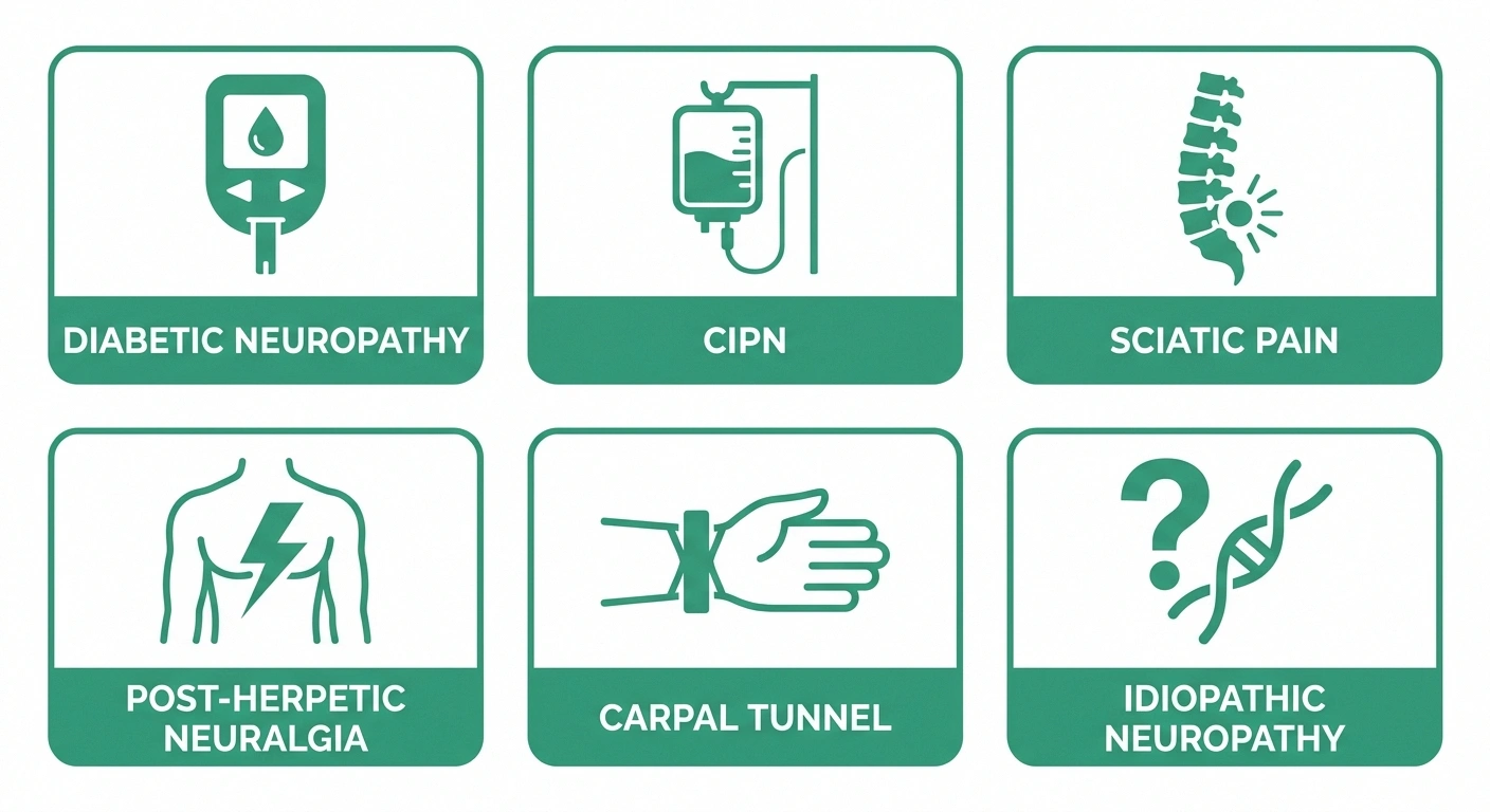 Types of neuropathy where PEA has been studied including diabetic and chemotherapy-induced