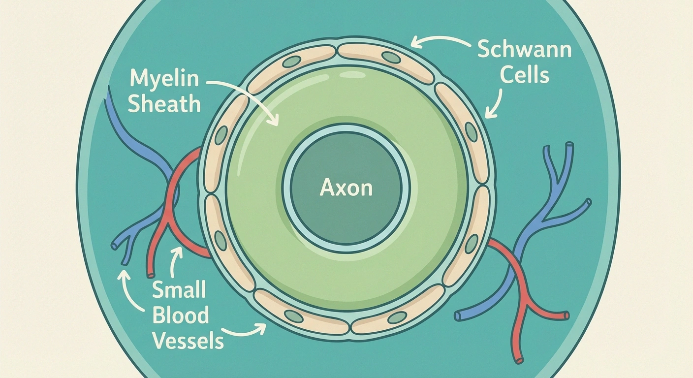 Diagram showing the anatomy of a peripheral nerve including the axon, myelin sheath, and Schwann cells that play a role in nerve regeneration