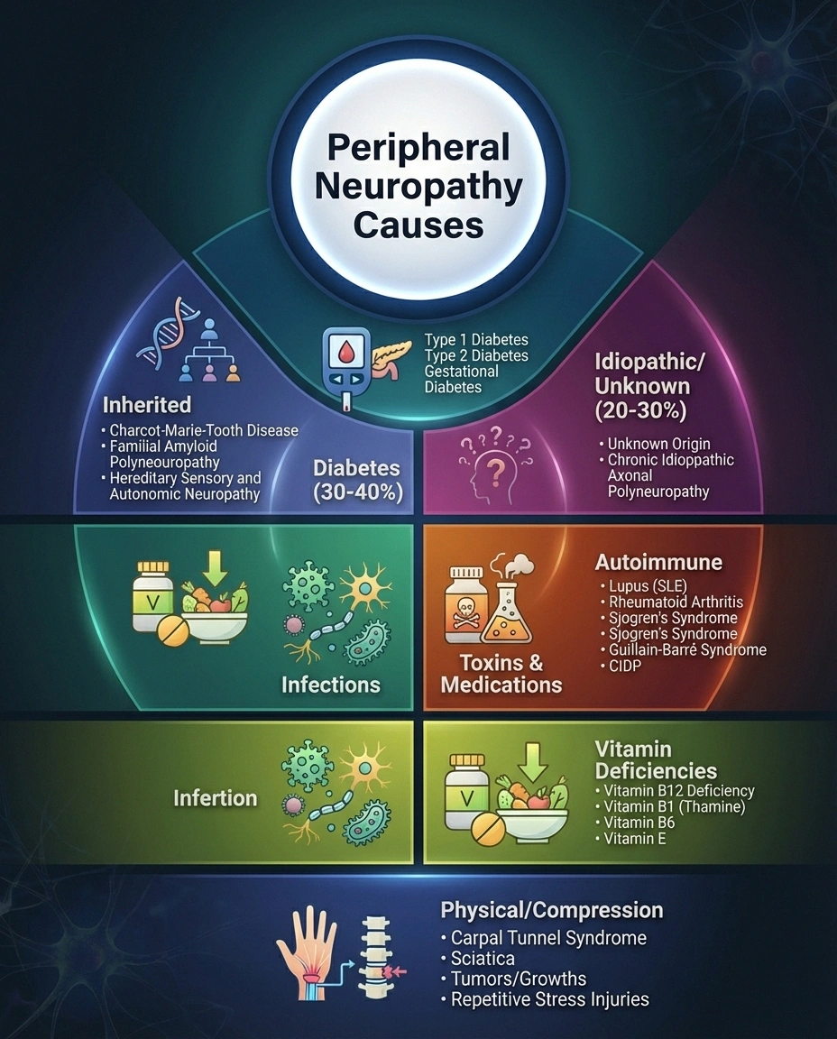 Infographic showing major causes of peripheral neuropathy with diabetes as the leading cause at 30-40 percent