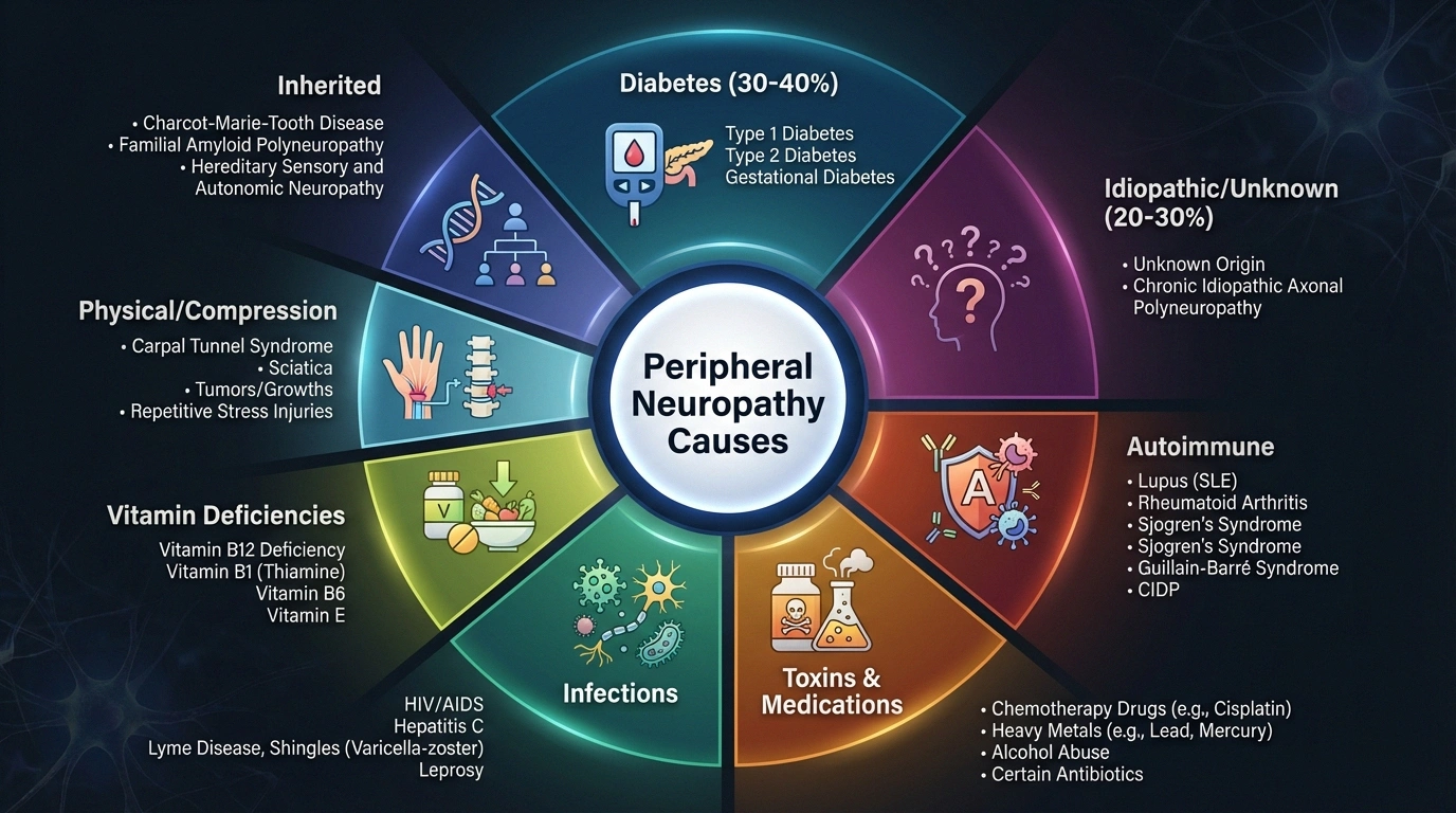 Infographic showing major causes of peripheral neuropathy with diabetes as the leading cause at 30-40 percent