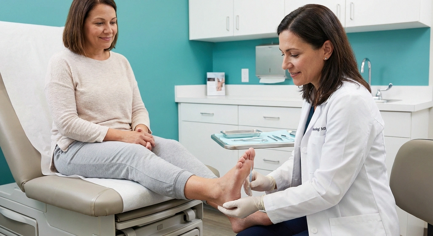 Neurologist performing monofilament sensation test on patient foot during peripheral neuropathy diagnosis examination