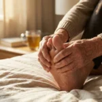 Person gently touching their feet checking for sensation representing the daily experience of living with peripheral neuropathy