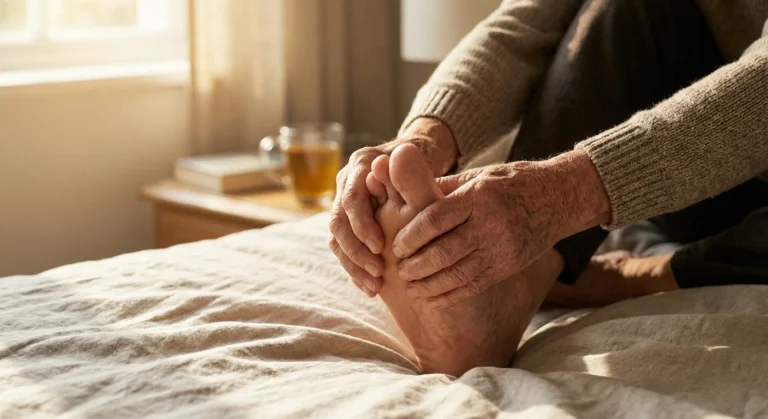 Person gently touching their feet checking for sensation representing the daily experience of living with peripheral neuropathy