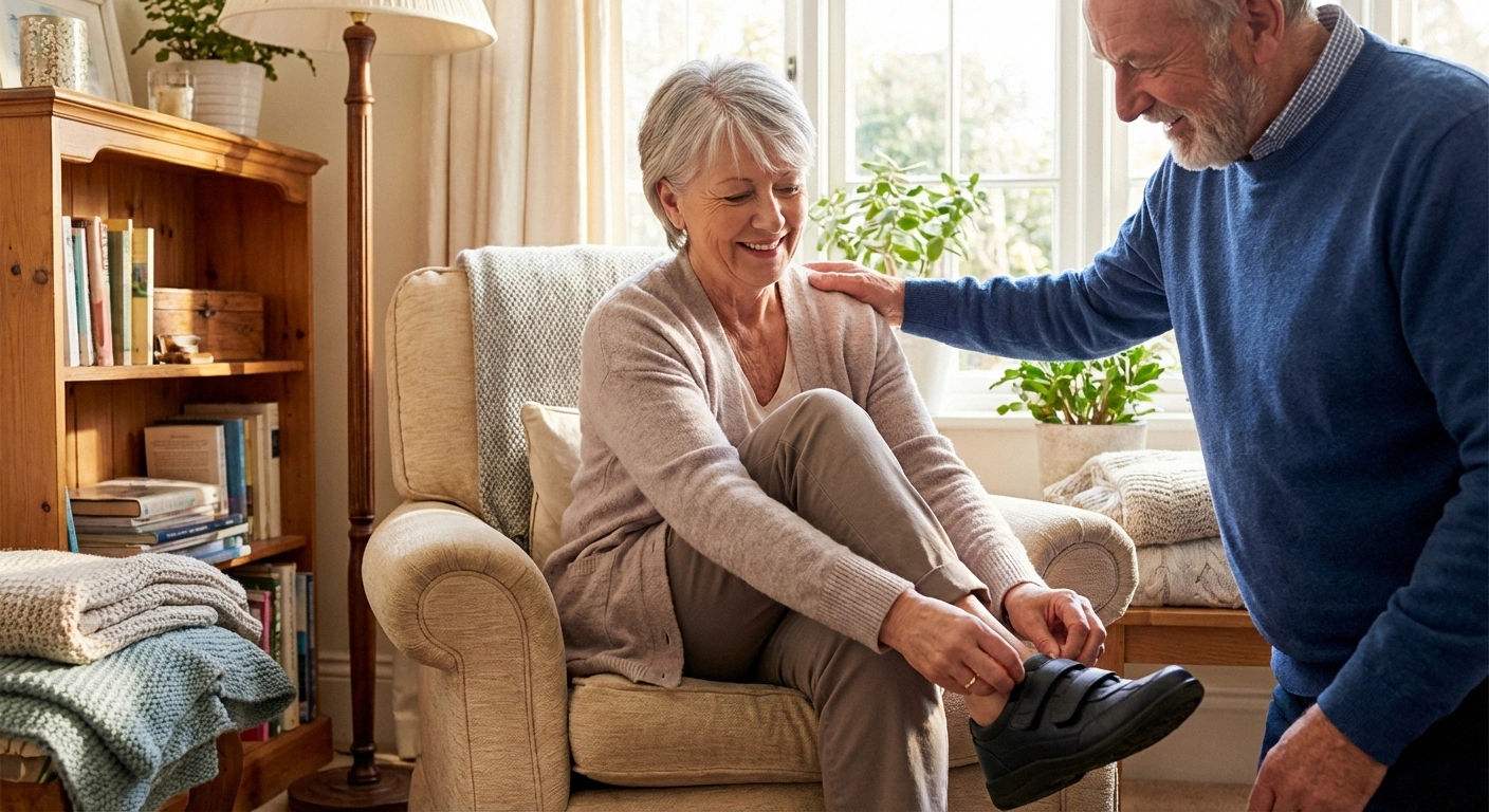 Older adult putting on supportive shoes at home representing active daily management of peripheral neuropathy with confidence