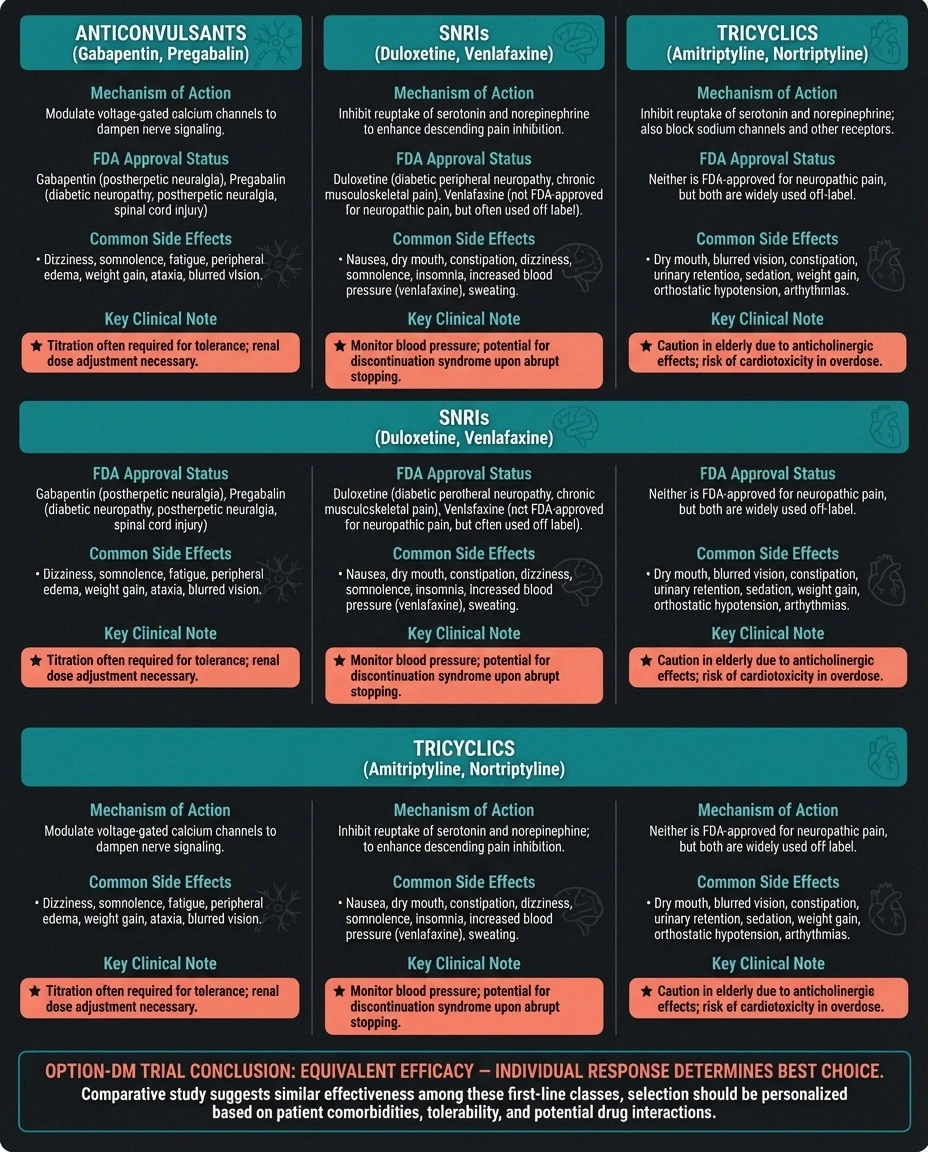 Comparison chart of three first-line neuropathy medication classes showing anticonvulsants SNRIs and tricyclics with efficacy notes
