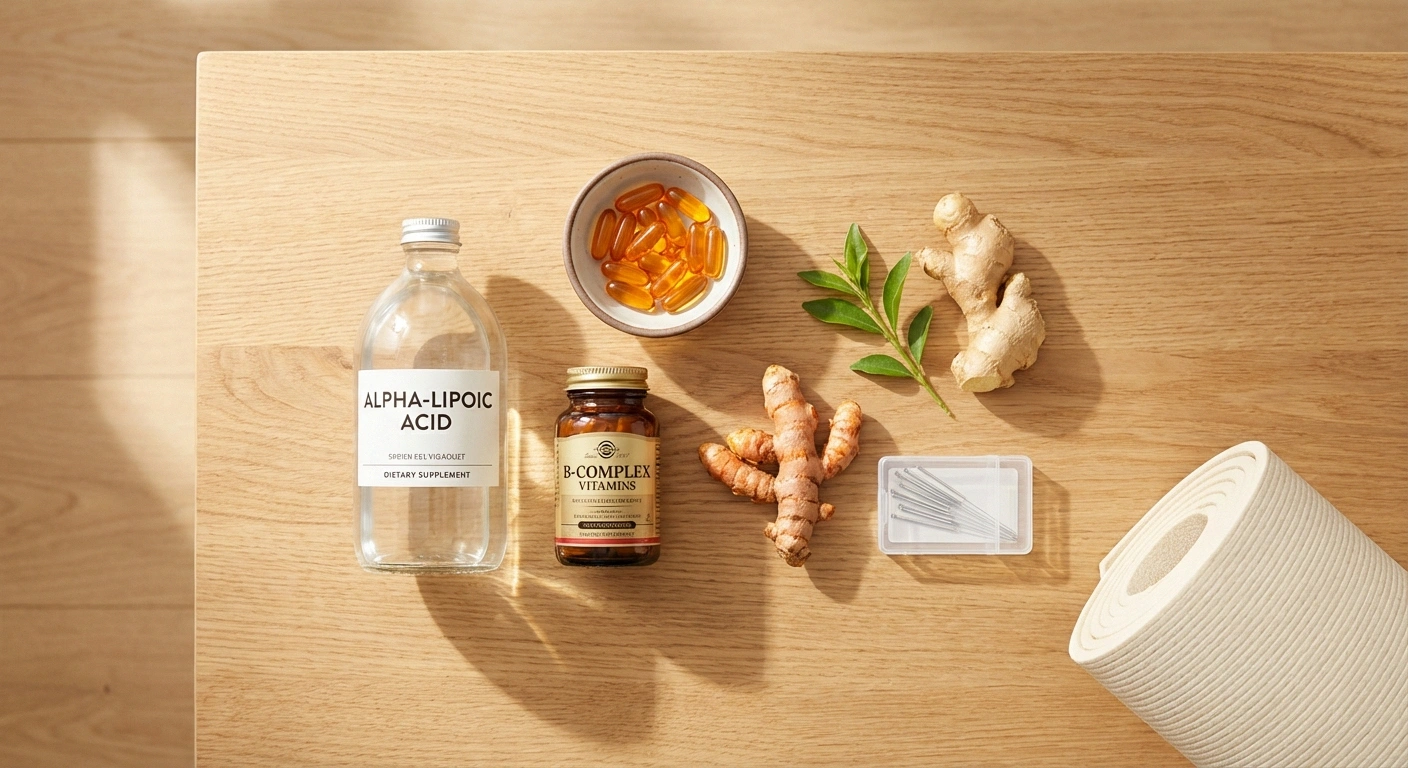 Flat lay arrangement of natural neuropathy treatment options including supplements vitamins and complementary therapy items