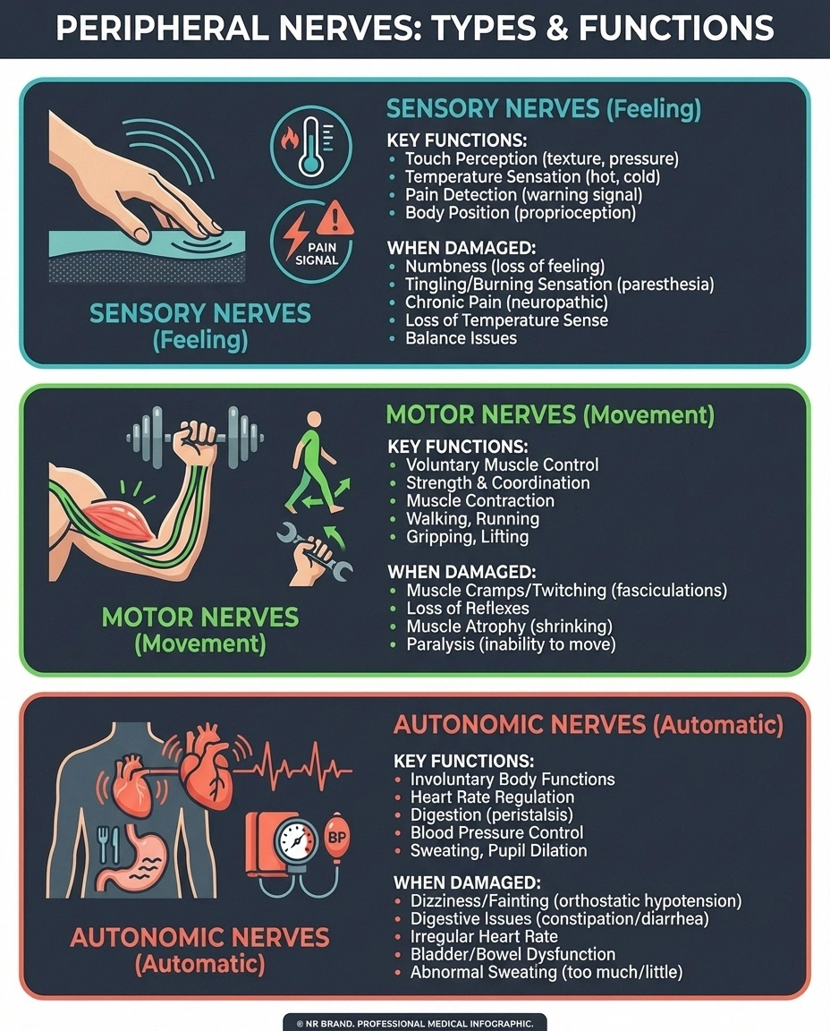 Infographic explaining three types of peripheral nerves sensory motor and autonomic with their functions and damage symptoms
