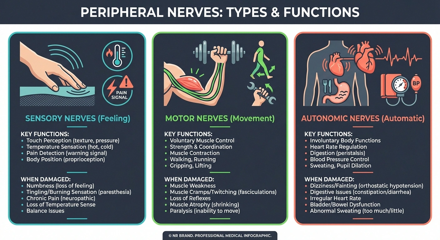Infographic explaining three types of peripheral nerves sensory motor and autonomic with their functions and damage symptoms
