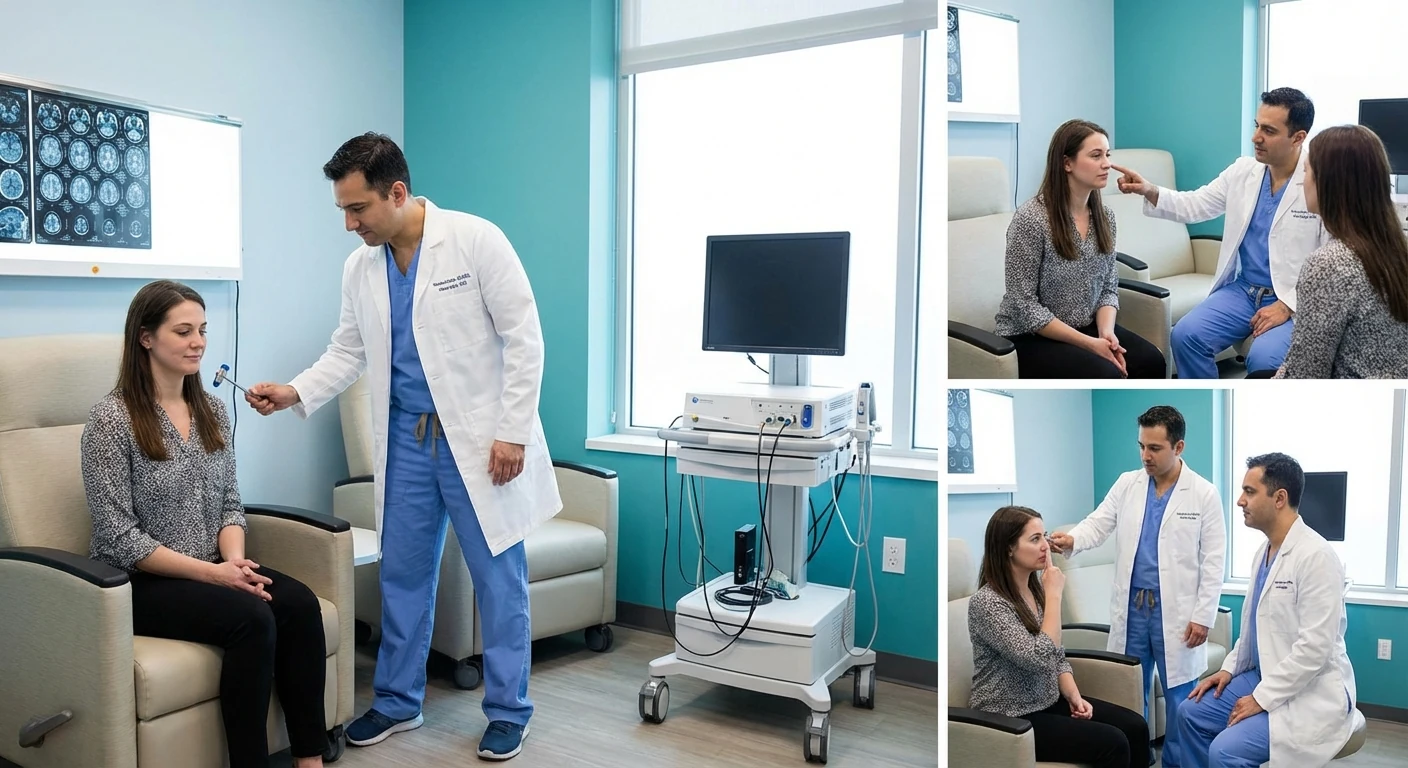 Neurologist comparing exam findings and diagnostic tools for peripheral and central nerve problems