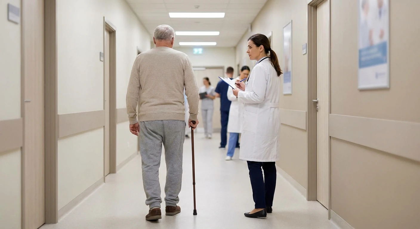 Neurologist observing a patient's gait and balance during evaluation for central vs peripheral nerve problems