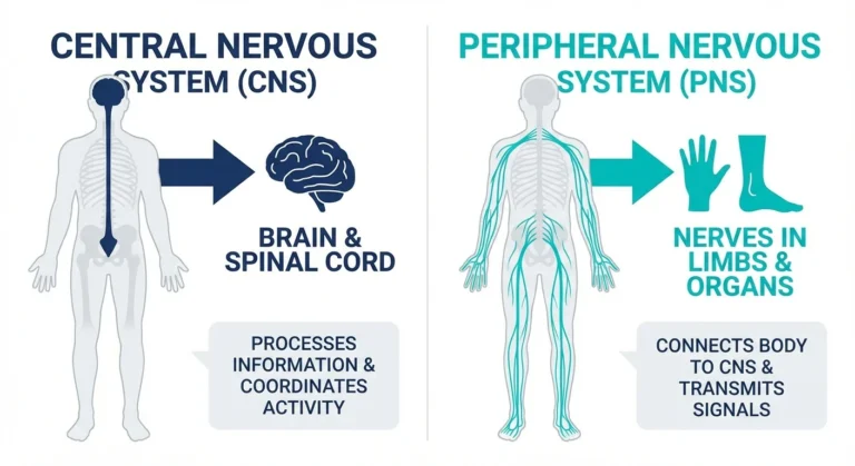 Illustration comparing peripheral nerves with the brain and spinal cord in central nervous system disorders