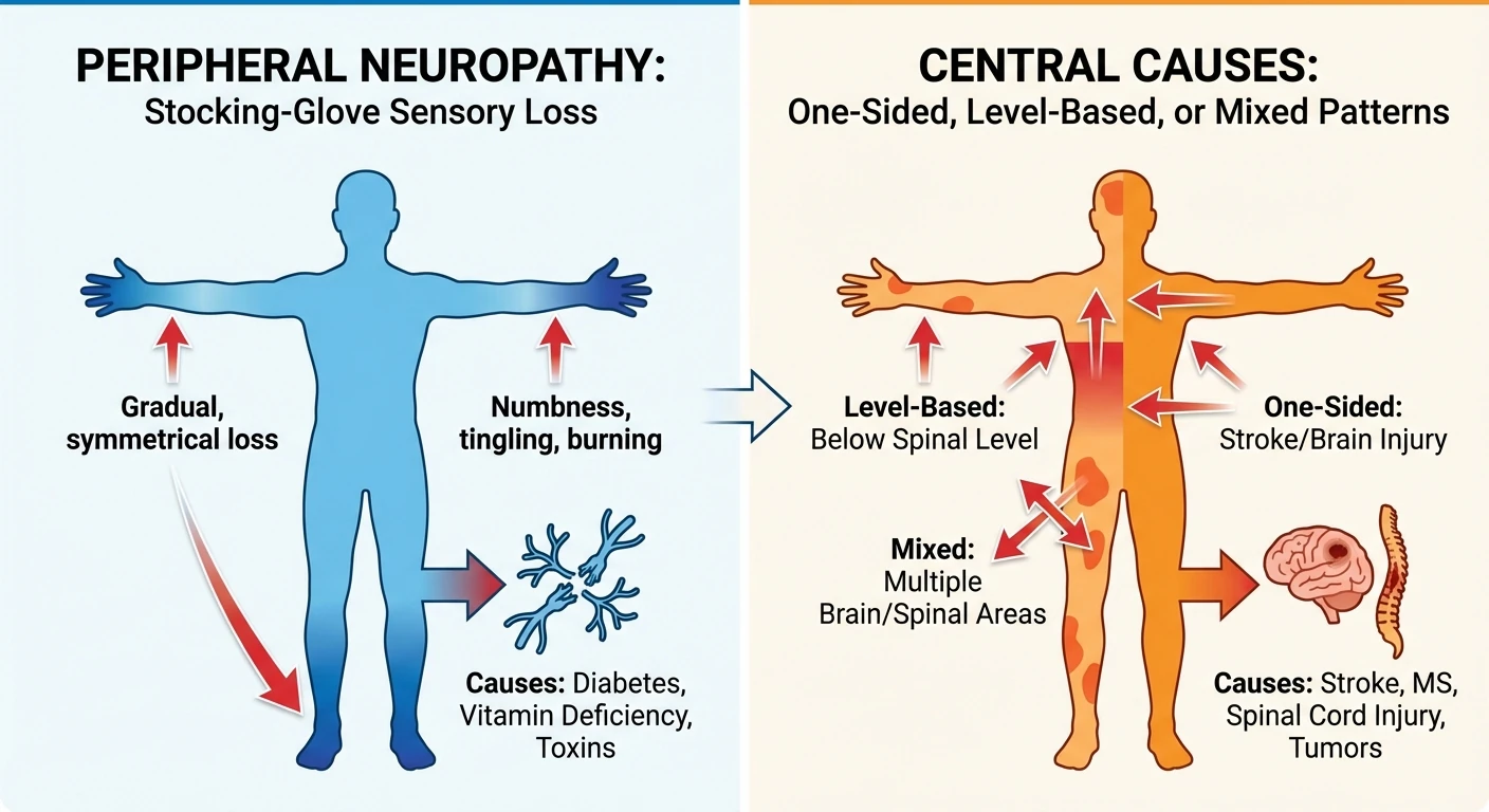 Comparison chart showing symptom patterns in peripheral neuropathy versus central neurologic causes