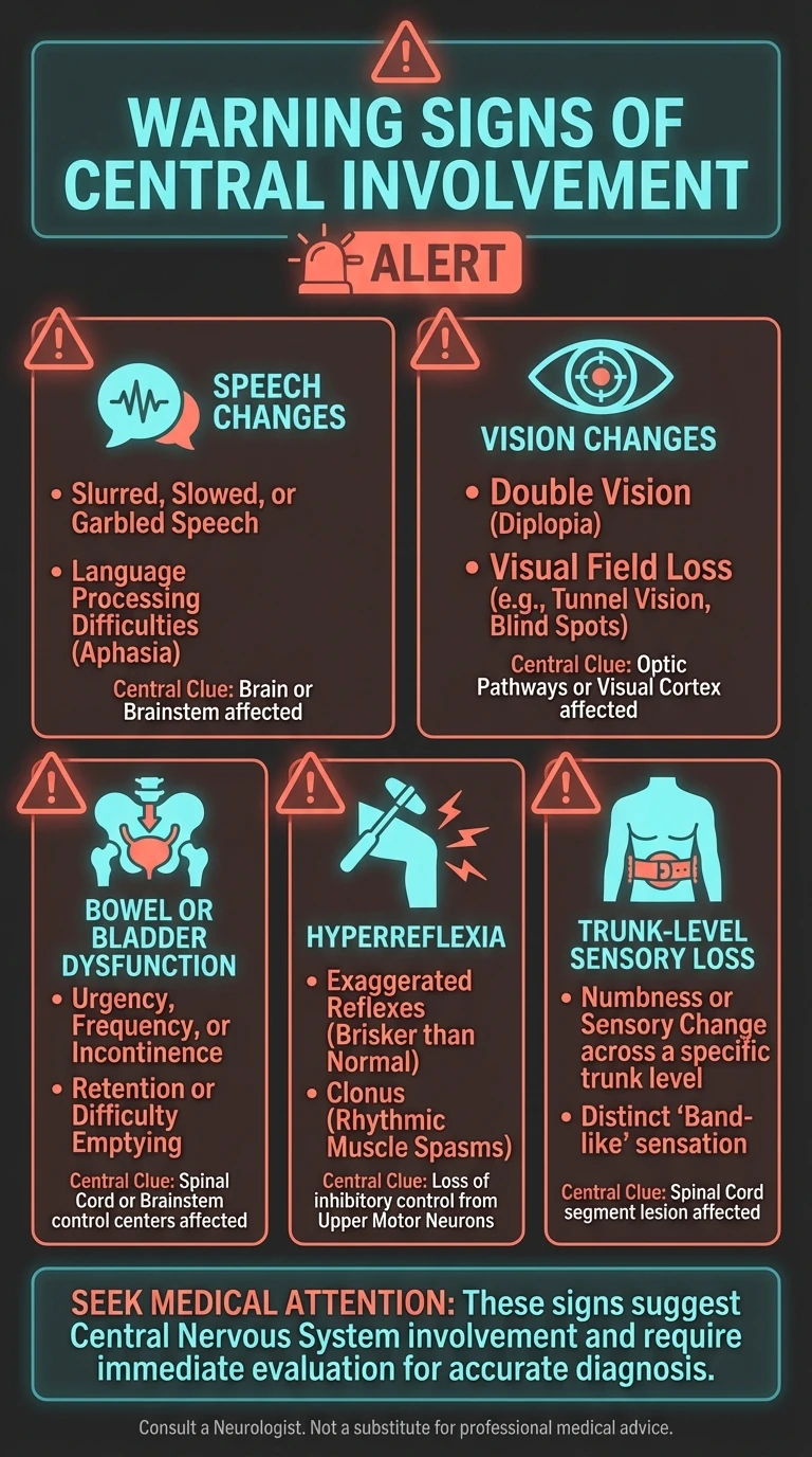Infographic of red flags suggesting a central cause instead of peripheral neuropathy