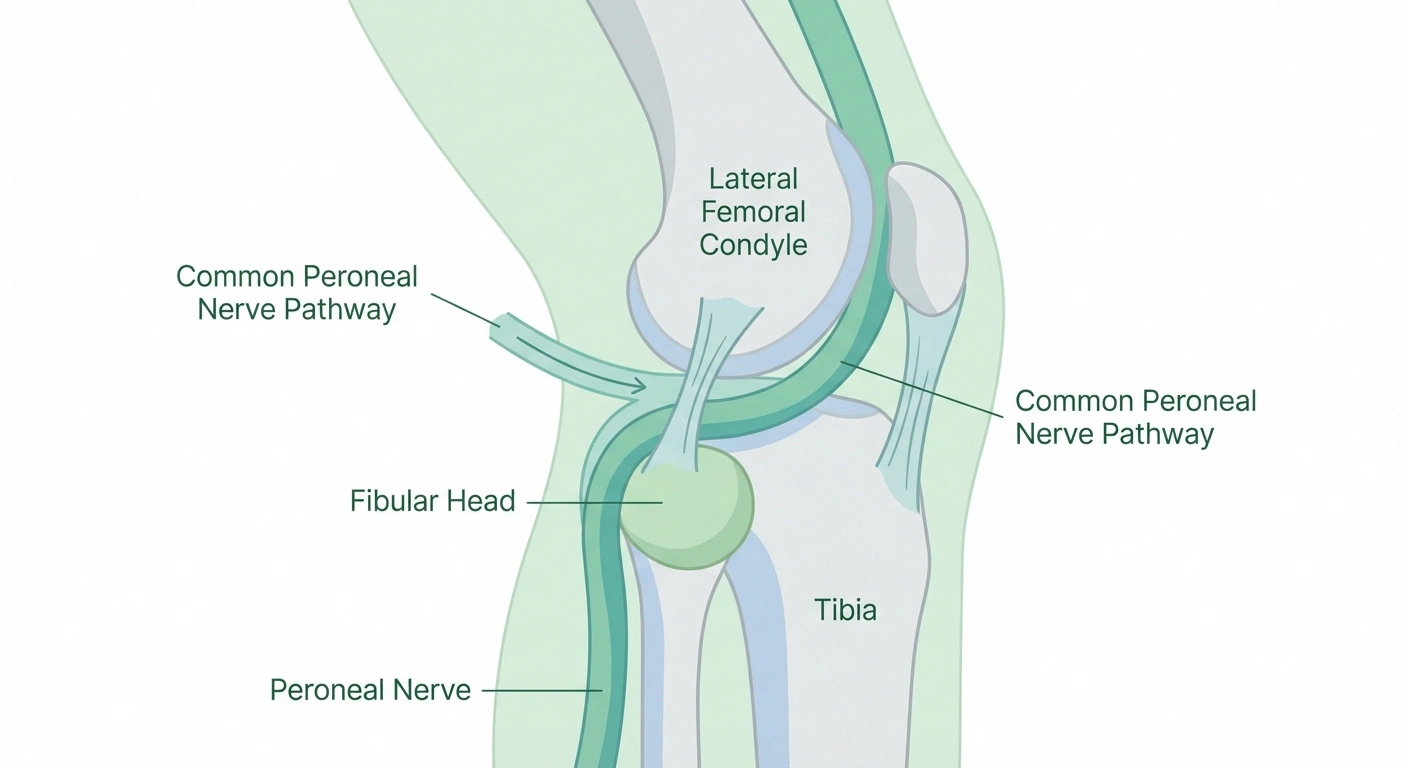 Diagram showing peroneal nerve pathway around fibular head at the knee