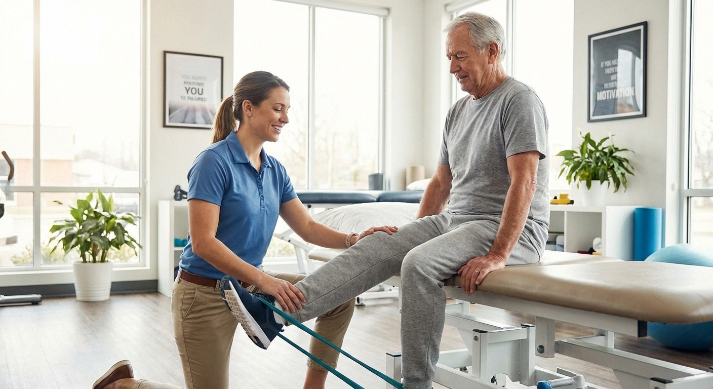 Physical therapist helping neuropathy patient with ankle exercises for foot drop recovery