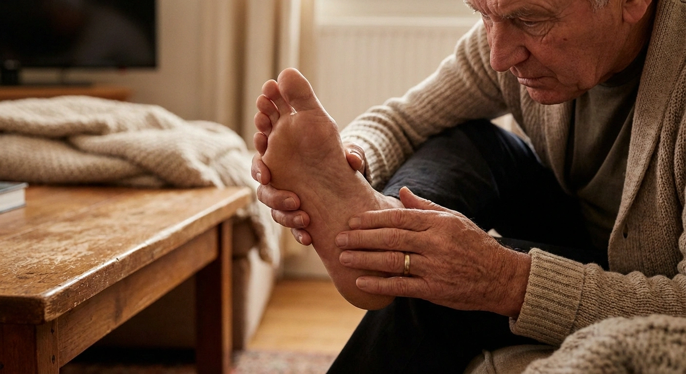 Person inspecting foot for skin changes as part of neuropathy foot care routine