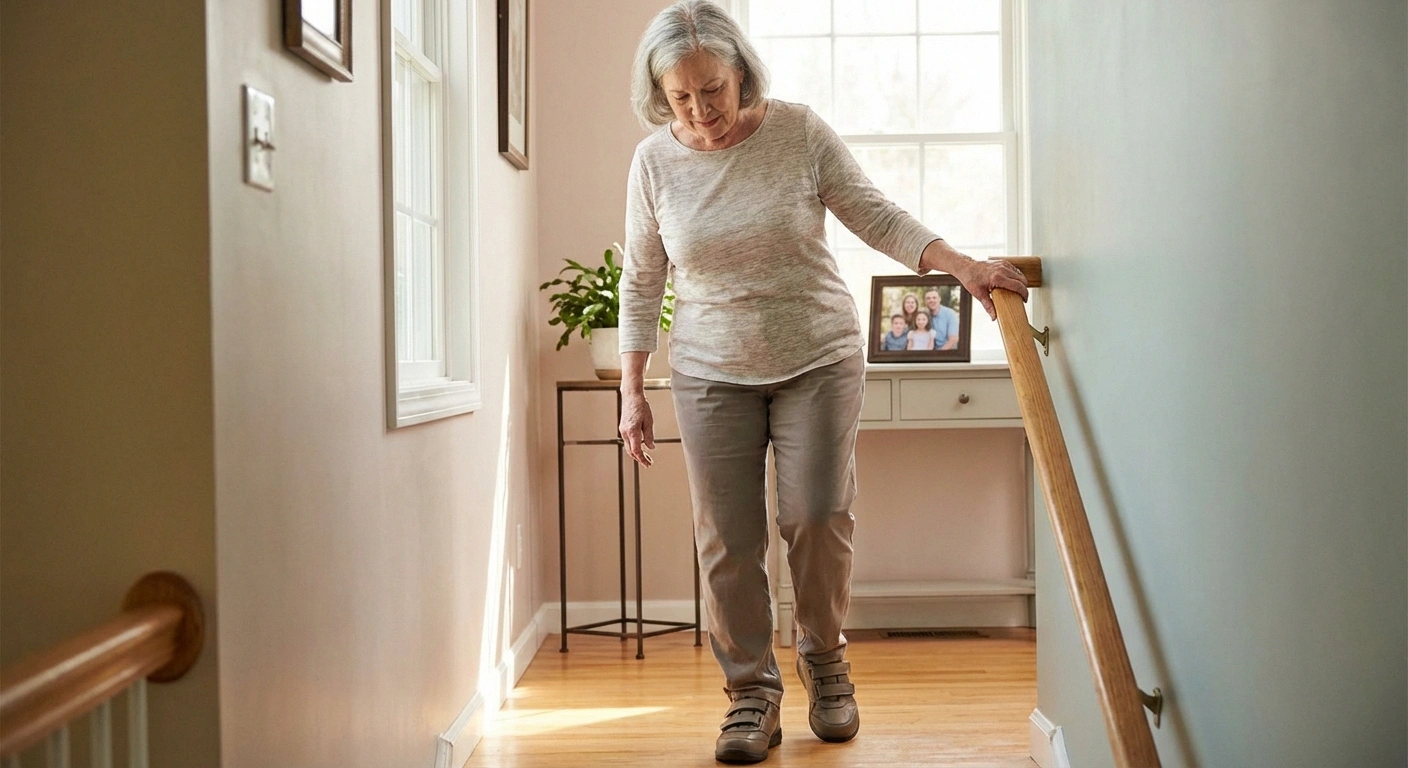 Older adult walking safely with neuropathy using handrail for fall prevention