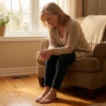 Woman looking at her feet with a puzzled expression representing phantom sensations from peripheral neuropathy