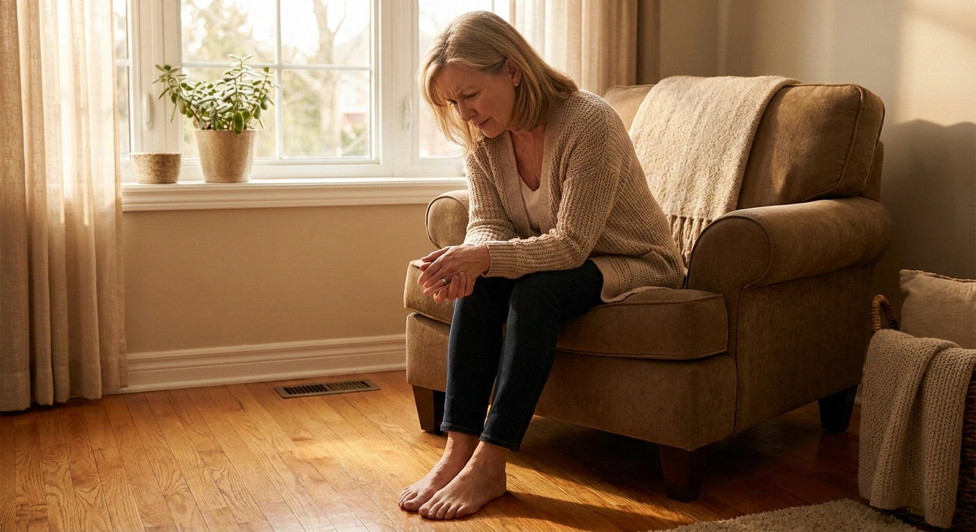 Woman looking at her feet with a puzzled expression representing phantom sensations from peripheral neuropathy