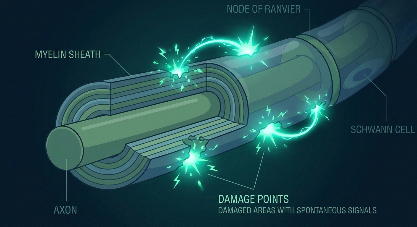Illustration of damaged nerve axon showing spontaneous ectopic electrical discharge without external stimulus