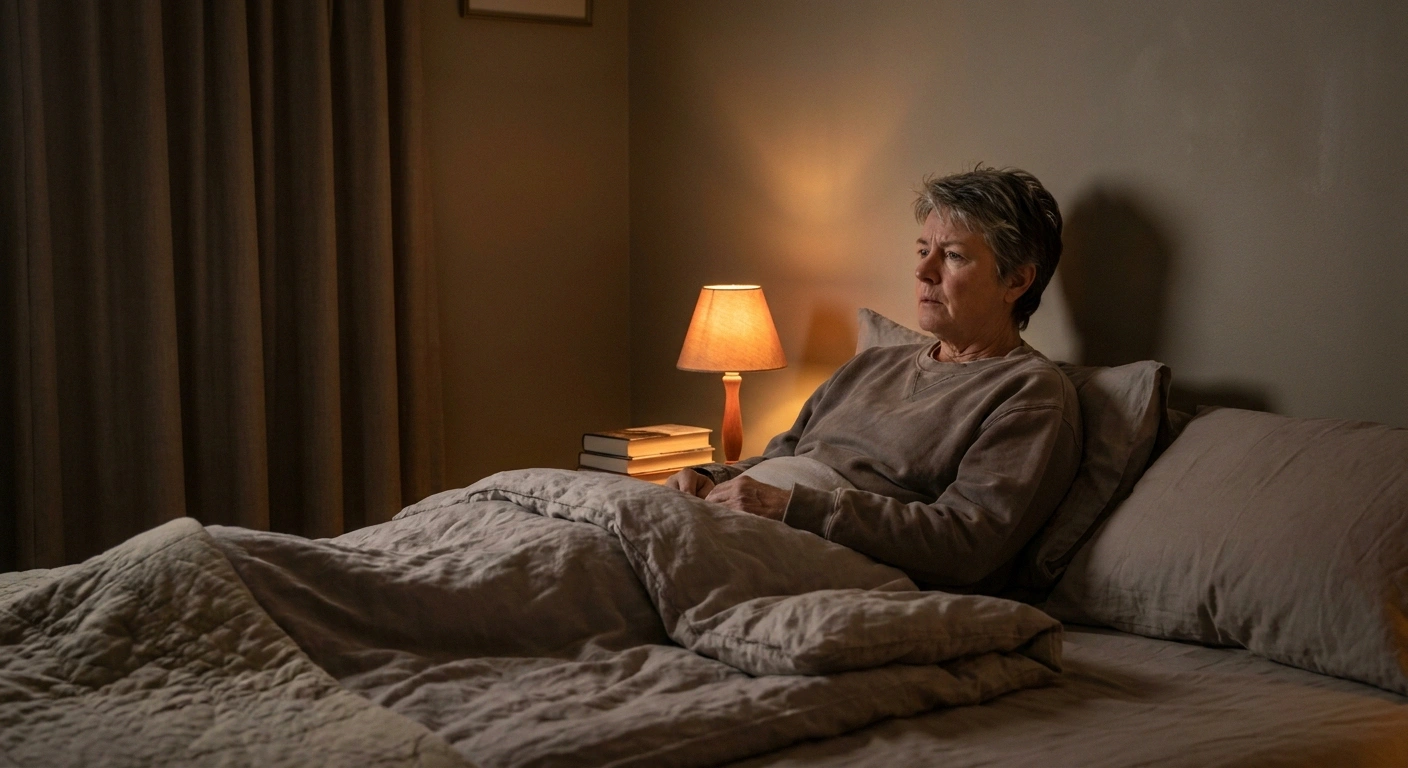 Person lying awake at night with neuropathy phantom sensations which often worsen without daytime competing stimuli