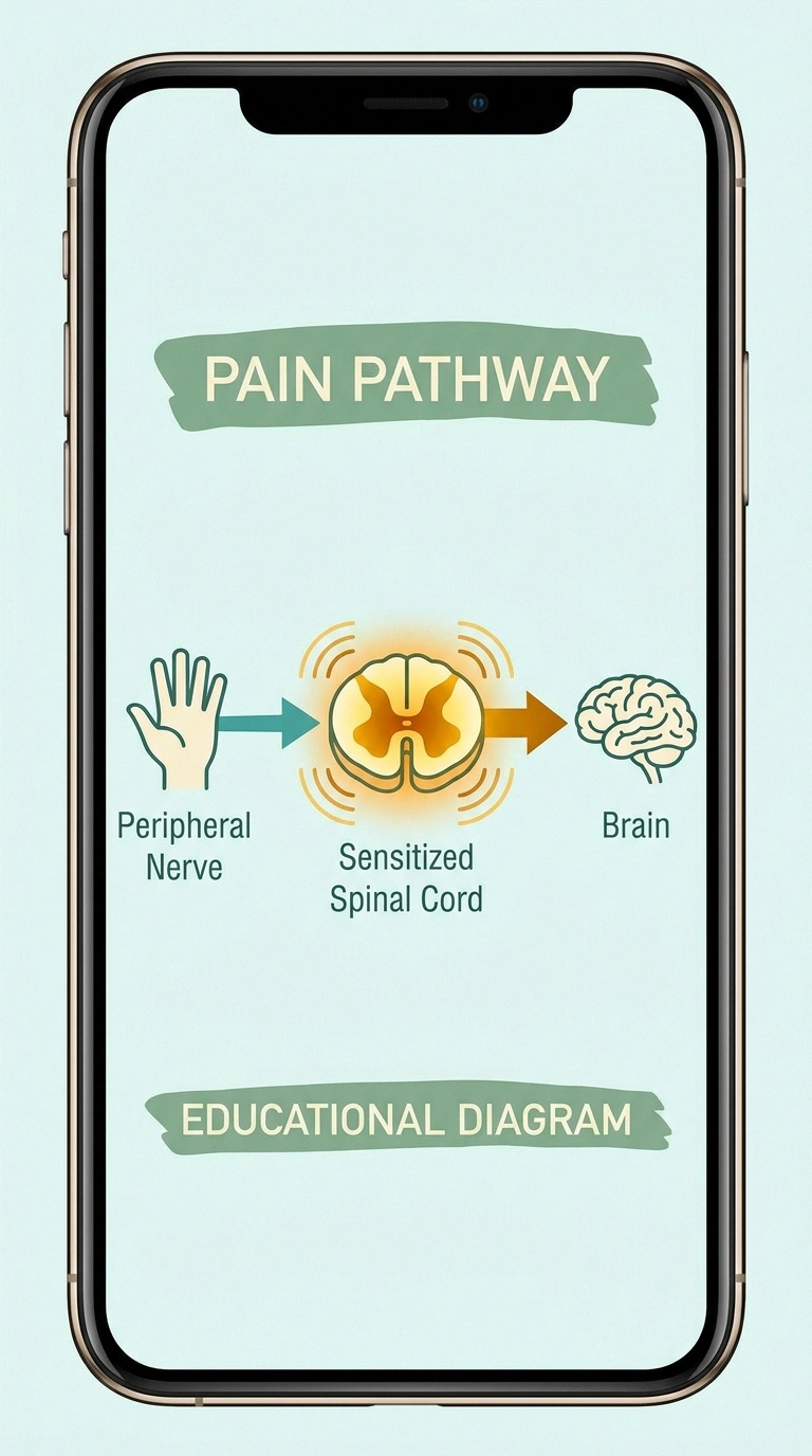 Diagram showing peripheral nerve to spinal cord to brain pathway illustrating central sensitization in neuropathy