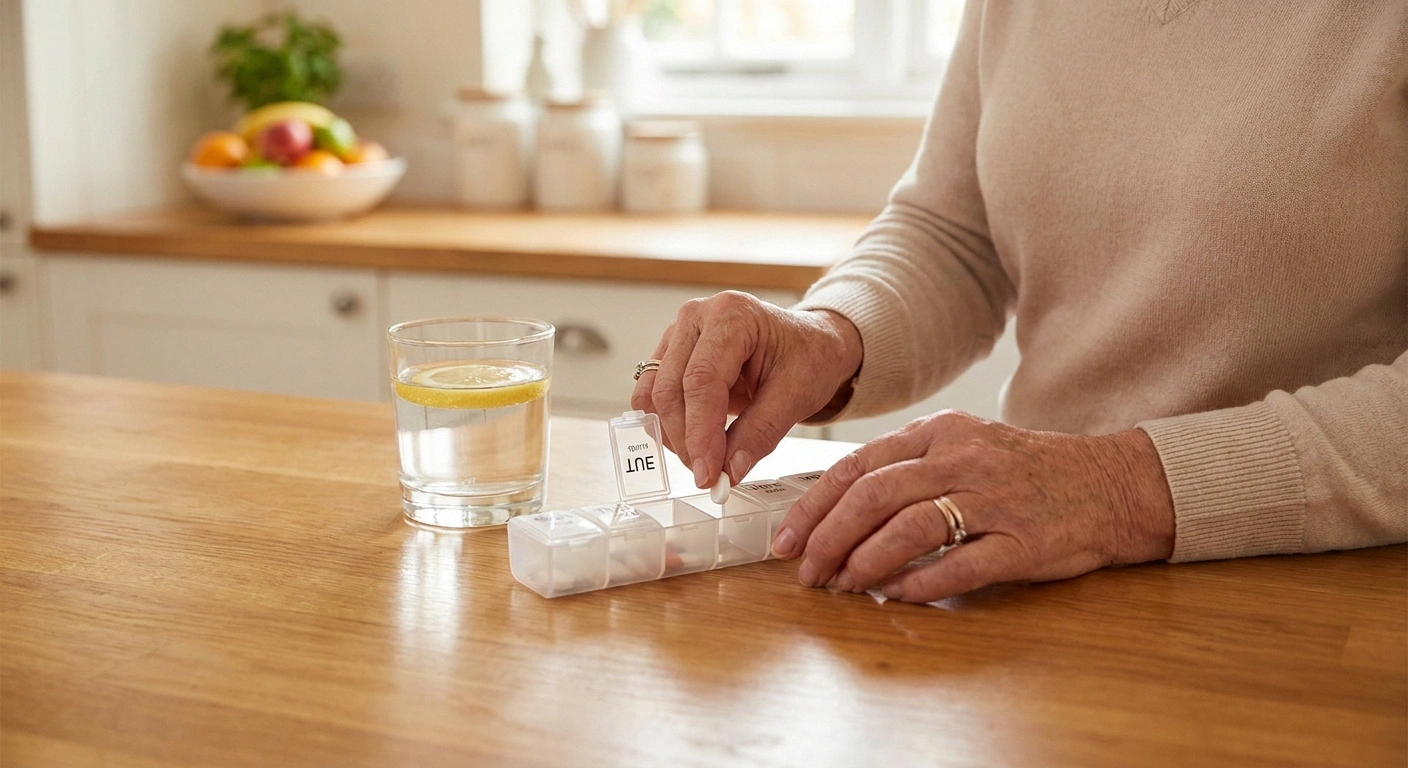 Woman taking neuropathy medication from pill organizer — several medication options help reduce phantom sensations